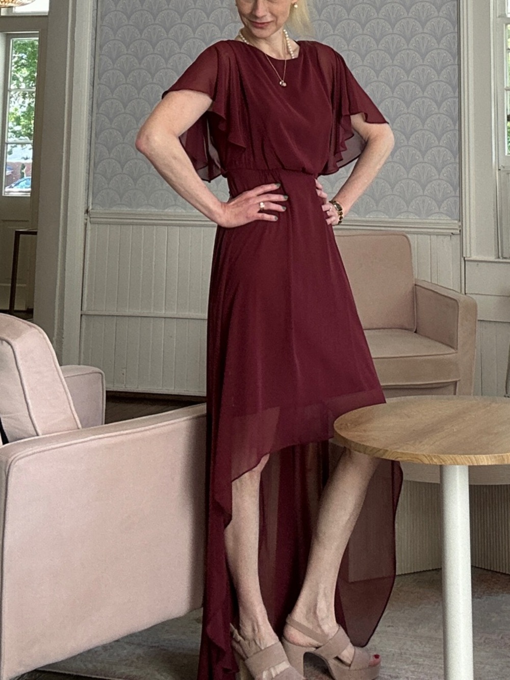 Jenny Packham Women’s Burgundy High-Low Chiffon Event Prom Bridesmaid Dress 2